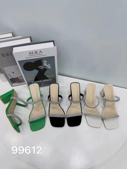 Rhinestone Embedded Double Straps Slid on Block Sandals
